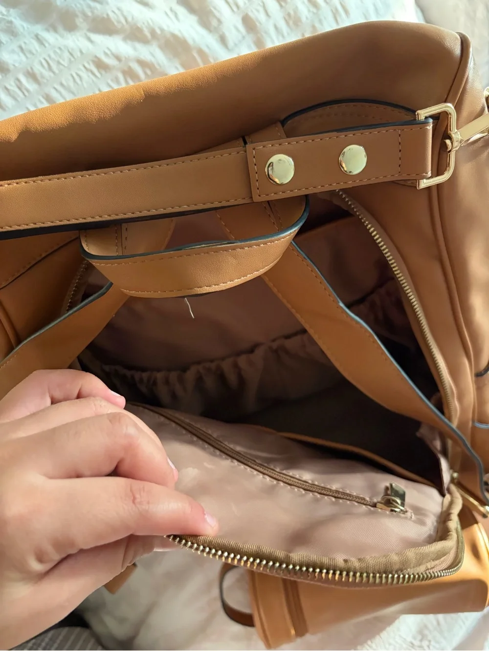 Mia and Sophia backpack diaper bag Tan Leather Convertible Backpack with pouch